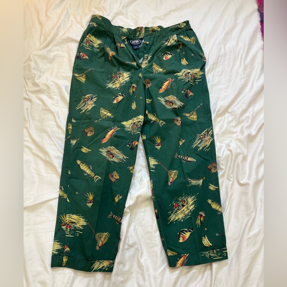 SOLD British Khaki Dark Green Tropical Fish Print Chinos
